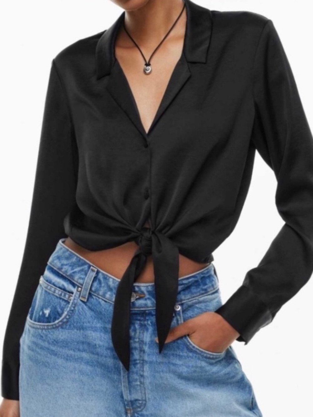 Aritzia Black Tie-Front Satin Blouse